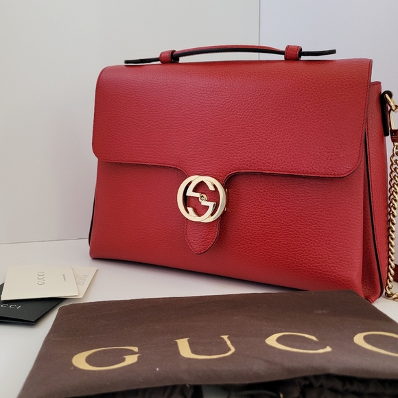 Gucci Handbags - Gucci Red Double G Leather Handbag with Gold Accents